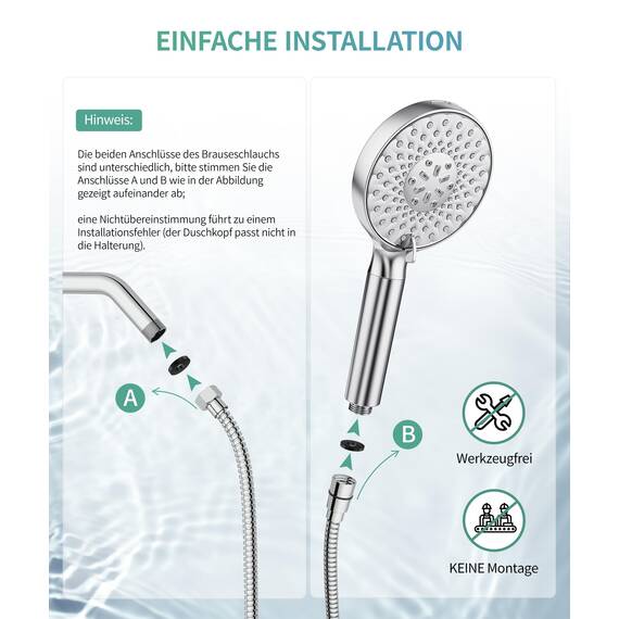 SR SUN RISE Duschkopf mit Filter, Duschkopf mit Schlauch und Filterpatronen, 9-Funktionen-Handbrause mit 4 Duschfilter, Hochdruck Handbrause für Hartes Wasser, Rest-Chlor, Schwermetall, Bakterien