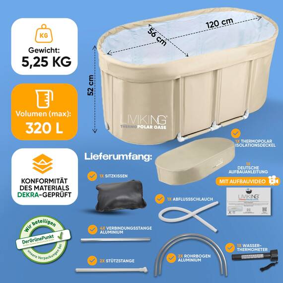 LIVIKING® Eisbad + Faltbare Badewanne Erwachsene [120 cm - 2in1 KOMFORT KOMPLETTSET] Eisbaden Tonne, Mobile Badewanne Outdoor & Eistonne – Jetzt Eintauchen! (Klassisch, Sand Beige)