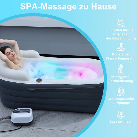 Tragbare Badewanne für Erwachsene mit Luftmassagematte, Whirlpool Badewanne mit romantischer LED-Beleuchtung, Kopfkissen/Rückenlehne/Armlehnen (inklusive Luftpumpe)