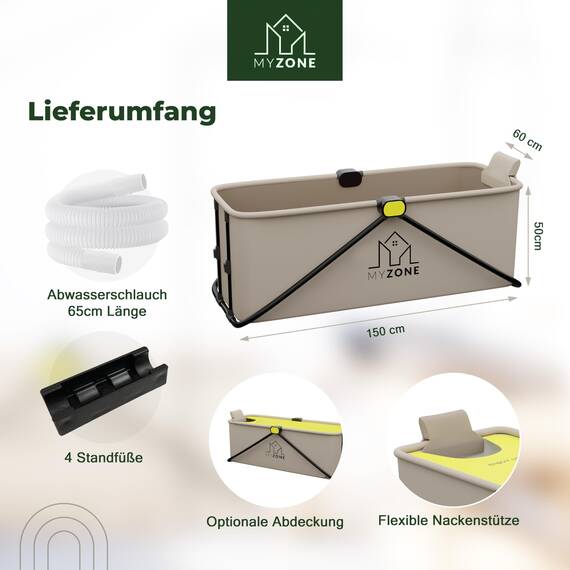 MyZone faltbare Badewanne, 150 x 60 x 50 cm | Klappbare, Mobile, Platzsparende, Badewanne für Dusche | Outdoor, Duschbadewanne, Eisbad/Eiswanne | Alternative zu aufblasbare Badewanne Erwachsene Grau