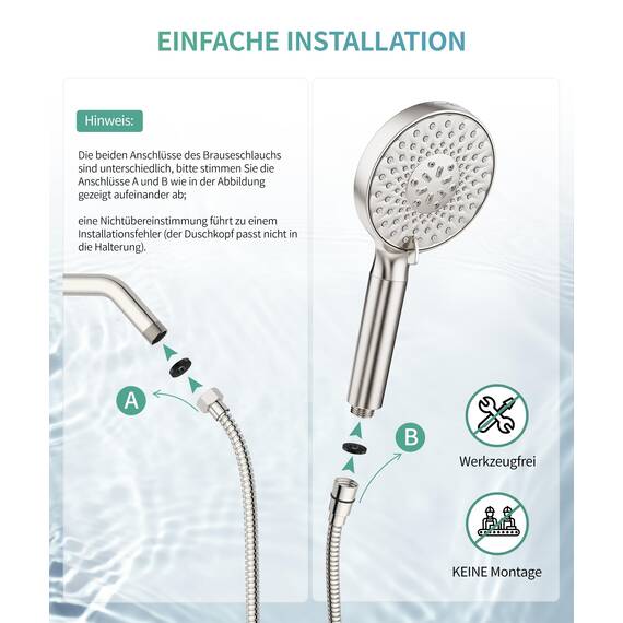 SR SUN RISE Duschkopf mit Filter, Drahtziehen Duschkopf mit Schlauch und Filterpatronen, 9-Funktions-Handbrause mit 4 Duschfilter, Duschbrause für Hartes Wasser, Rest-Chlor, Schwermetall, Bakterien