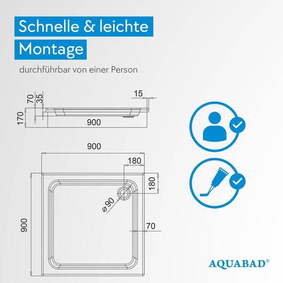 AQUABAD Duschwanne/Duschtasse | Komplettset Forta Plus mit LeakProtect Technologie Smooth White 70x70cm Quadrat | inkl. Ablaufgarnitur/Siphon Alcadran A49CR