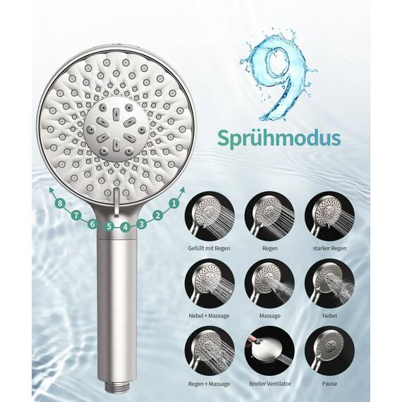 SR SUN RISE Duschkopf mit Filter, Drahtziehen Duschkopf mit Schlauch und Filterpatronen, 9-Funktions-Handbrause mit 4 Duschfilter, Duschbrause für Hartes Wasser, Rest-Chlor, Schwermetall, Bakterien