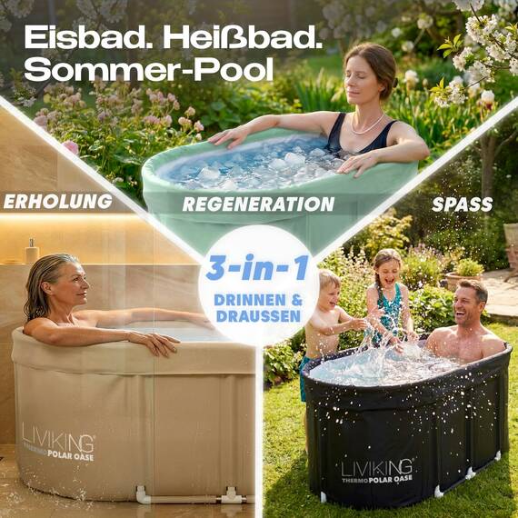 LIVIKING® Eisbad + Faltbare Badewanne Erwachsene [120 cm - 2in1 KOMFORT KOMPLETTSET] Eisbaden Tonne, Mobile Badewanne Outdoor & Eistonne – Jetzt Eintauchen! (Klassisch, Sand Beige)