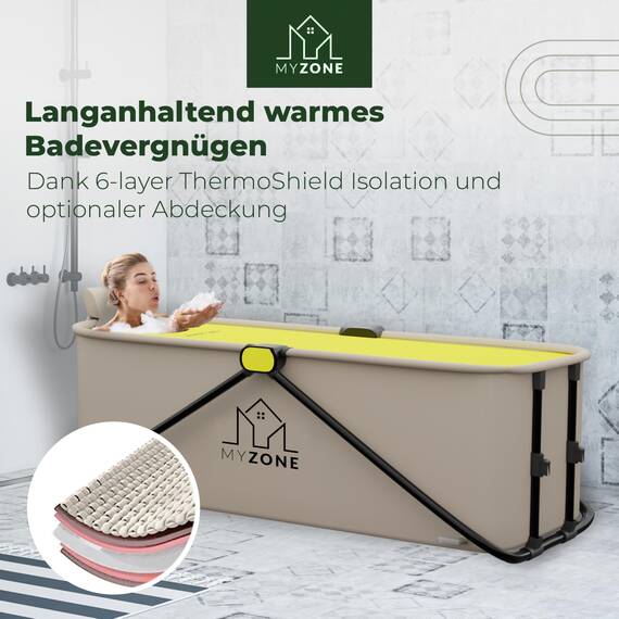 MyZone faltbare Badewanne, 150 x 60 x 50 cm | Klappbare, Mobile, Platzsparende, Badewanne für Dusche | Outdoor, Duschbadewanne, Eisbad/Eiswanne | Alternative zu aufblasbare Badewanne Erwachsene Grau