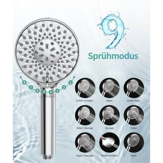SR SUN RISE Duschkopf mit Filter, Duschkopf mit Schlauch und Filterpatronen, 9-Funktionen-Handbrause mit 4 Duschfilter, Hochdruck Handbrause für Hartes Wasser, Rest-Chlor, Schwermetall, Bakterien