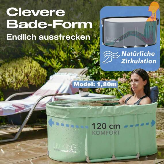 LIVIKING® Eisbad + Faltbare Badewanne Erwachsene [120 cm - 2in1 KOMFORT KOMPLETTSET] Eisbaden Tonne, Mobile Badewanne Outdoor & Eistonne – Jetzt Eintauchen! (Klassisch, Eukalyptus Grün)