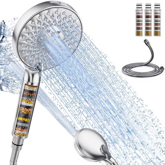 SR SUN RISE Duschkopf mit Filter, Duschkopf mit Schlauch und Filterpatronen, 9-Funktionen-Handbrause mit 4 Duschfilter, Hochdruck Handbrause für Hartes Wasser, Rest-Chlor, Schwermetall, Bakterien