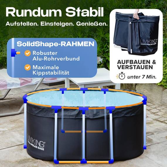 LIVIKING® Eisbad + Faltbare Badewanne Erwachsene [120 cm - 2in1 KOMFORT KOMPLETTSET] Eisbaden Tonne, Mobile Badewanne Outdoor & Eistonne – Jetzt Eintauchen! (Klassisch, Sand Beige)