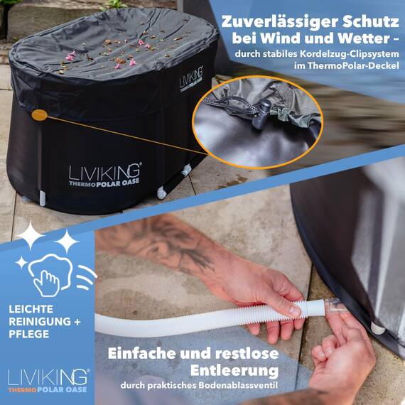 LIVIKING® Eisbad + Faltbare Badewanne Erwachsene [120 cm - 2in1 KOMFORT KOMPLETTSET] Eisbaden Tonne, Mobile Badewanne Outdoor & Eistonne – Jetzt Eintauchen! (Klassisch, Sand Beige)