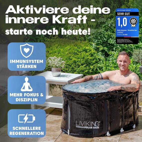 LIVIKING® Eisbad + Faltbare Badewanne Erwachsene [120 cm - 2in1 KOMFORT KOMPLETTSET] Eisbaden Tonne, Mobile Badewanne Outdoor & Eistonne – Jetzt Eintauchen! (Klassisch, Sand Beige)