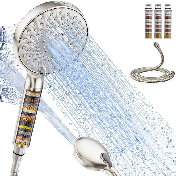SR SUN RISE Duschkopf mit Filter, Drahtziehen Duschkopf mit Schlauch und Filterpatronen, 9-Funktions-Handbrause mit 4 Duschfilter, Duschbrause für Hartes Wasser, Rest-Chlor, Schwermetall, Bakterien