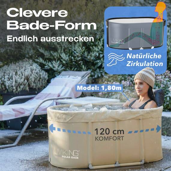 LIVIKING® Eisbad + Faltbare Badewanne Erwachsene [120 cm - 2in1 KOMFORT KOMPLETTSET] Eisbaden Tonne, Mobile Badewanne Outdoor & Eistonne – Jetzt Eintauchen! (Klassisch, Sand Beige)