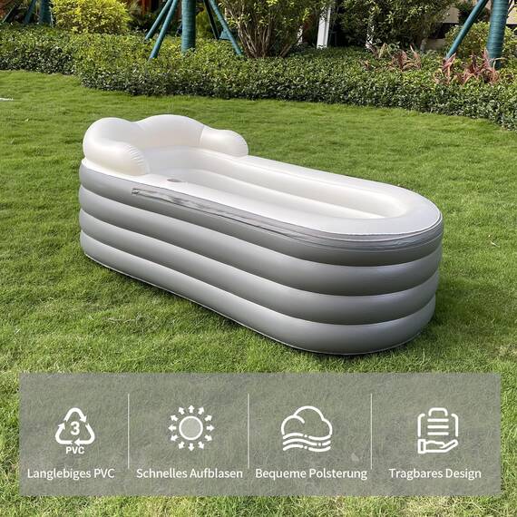 Aufblasbare Einweichbadewanne für Erwachsene, große tragbare Eisbadewanne, Spa, Einweichwanne mit Reißverschlussabdeckung, entworfen mit Kopfstütze, Getränkehalter (Luftpumpe im-168x76x68cm)