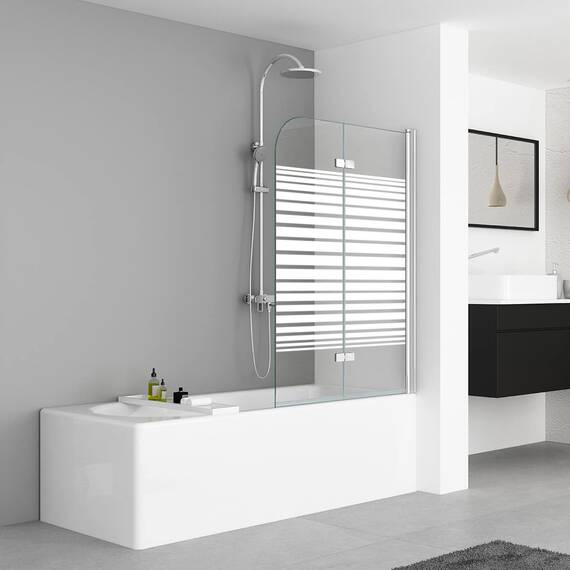 IMPTS 120x140cm Duschwand für Badewanne 2 TLG. Faltwand Duschtrennwand mit Milchglas Streifen Badewannenaufsatz Duschabtrennung 6mm ESG-Sicherheitsglas teilsatiniert, inkl. Nanobeschichtung