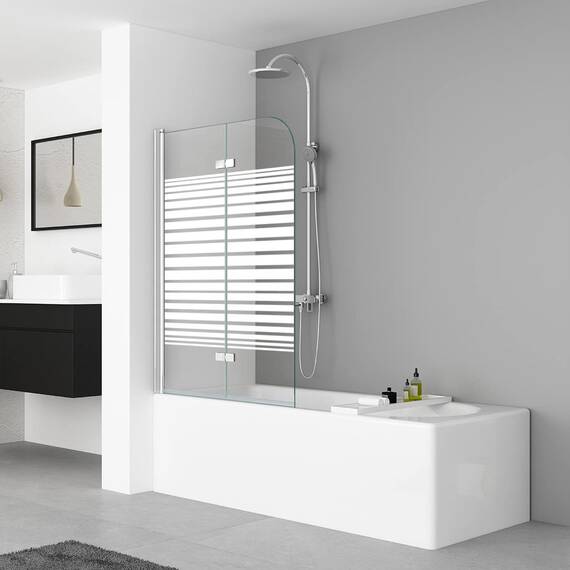 IMPTS 100x140cm Duschwand für Badewanne 2 TLG. Faltwand Duschtrennwand mit Milchglas Streifen Badewannenaufsatz Duschabtrennung 6mm ESG-Sicherheitsglas teilsatiniert, inkl. Nanobeschichtung