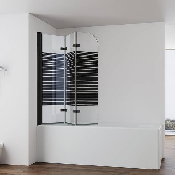 IMPTS Duschwand für Badewanne 130x140cm Schwarz, Faltwand Duschfaltwand 3 teilig mit Streifen Milchglas, Faltbar Badewannenaufsatz Duschtrennwand Badewannenwand Glas mit 6mm Nano Sicherheitsglas