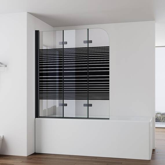 IMPTS Duschwand für Badewanne 130x140cm Schwarz, Faltwand Duschfaltwand 3 teilig mit Streifen Milchglas, Faltbar Badewannenaufsatz Duschtrennwand Badewannenwand Glas mit 6mm Nano Sicherheitsglas