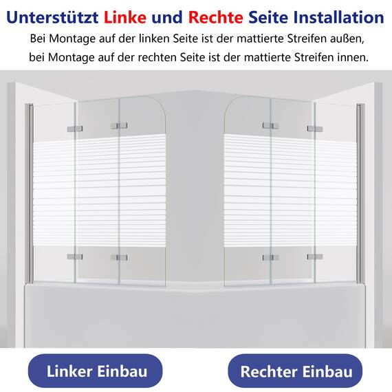 IMPTS 140x140cm Duschwand für Badewanne 3 teilig, Badewanne Glaswand Faltwand mit Streifen Milchglas, Duschtrennwand Faltbar Badewannenaufsatz Duschglaswand mit 6mm Nano Sicherheitsglas