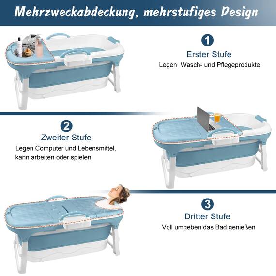 Aufun Faltbare Badewanne XL 112 x 62 x 52 cm, Ideal für Badezimmer, Dusche und Balkon, Mit Abdeckung & Massagerollen, Seifenkorb, dicker Kunststoff tragbare Wanne - Blau, HAG1311A, 112 x 62 x 52CM