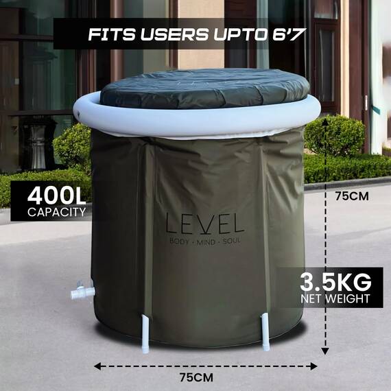 Level Body Mind Soul - Tragbares Eisbad mit inkludierter Abdeckung, grünes Camouflage - Eisbad für Sportler, Muskelregeneration nach dem Training - Aufblasbare tragbare Eisbadewanne 75x75 cm