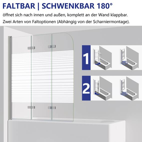 IMPTS 140x140cm Duschwand für Badewanne 3 teilig, Badewanne Glaswand Faltwand mit Streifen Milchglas, Duschtrennwand Faltbar Badewannenaufsatz Duschglaswand mit 6mm Nano Sicherheitsglas