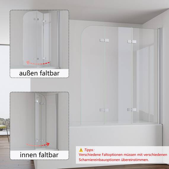IMPTS 140x140cm Duschwand für Badewanne 3 teilig, Badewanne Glaswand Faltwand Duschtrennwand Faltbar Badewannenaufsatz Duschglaswand mit 6mm Nano Sicherheitsglas