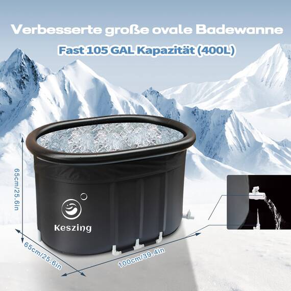 Keszing XL Erwachsene Ovales Eisbad Tonne für Athleten mit Isolierte Abdeckung, 478L tragbares Ice Bath tub für Kältetherapie, Faltbare Aufblasbare badewanne für den Innen- und Außenbereich