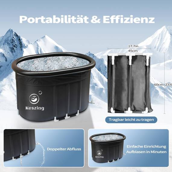 Keszing XL Erwachsene Ovales Eisbad Tonne für Athleten mit Isolierte Abdeckung, 478L tragbares Ice Bath tub für Kältetherapie, Faltbare Aufblasbare badewanne für den Innen- und Außenbereich