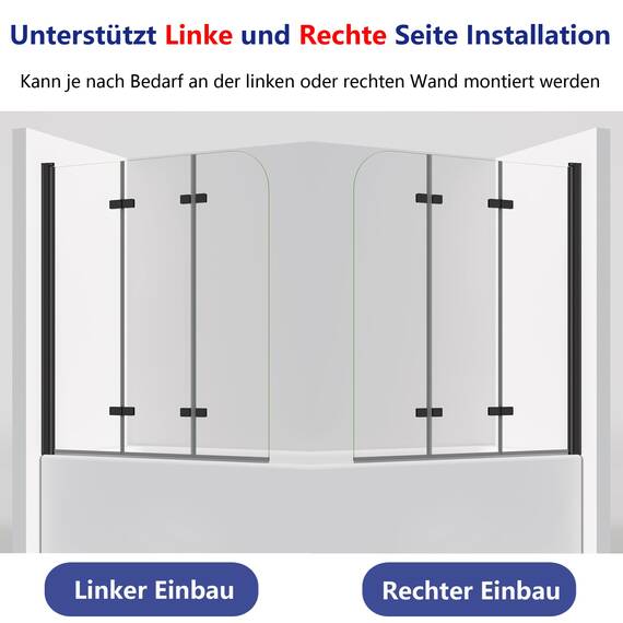 IMPTS Duschwand für Badewanne 140x140cm Schwarz, Faltwand Duschfaltwand 3 teilig Faltbar Badewannenaufsatz Duschtrennwand Badewannenwand Glas mit 6mm Nano Sicherheitsglas