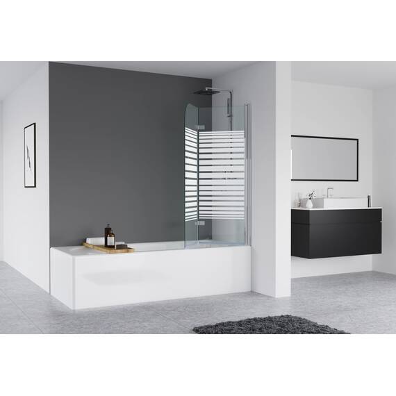 IMPTS 100x140cm Duschwand für Badewanne 2 TLG. Faltwand Duschtrennwand mit Milchglas Streifen Badewannenaufsatz Duschabtrennung 6mm ESG-Sicherheitsglas teilsatiniert, inkl. Nanobeschichtung