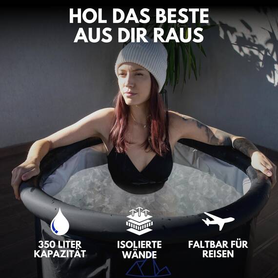 poolomio® Eisbad Premium Eistonne Ø 80cm für Zuhause und Outdoor | 350 L Eisfass Tonne für Eisbaden und Kältetherapie | Set mit Isolierabdeckung, Thermometer und Tragetasche