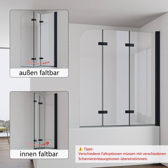 IMPTS Duschwand für Badewanne 120x140cm Schwarz, Faltwand Duschfaltwand 3 teilig Faltbar Badewannenaufsatz Duschtrennwand Badewannenwand Glas mit 6mm Nano Sicherheitsglas