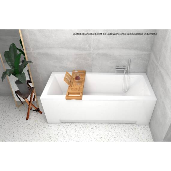 ECOLAM Badewanne Modern 160x70 cm Schürze | Acrylwanne Rechteck | Wanne Design | Komplett-Set Ablaufgarnitur Ab- und Überlauf Automatik Füße + Silikon Acryl weiß