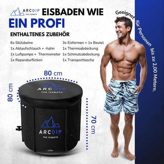 poolomio® Eisbad Premium Eistonne Ø 80cm für Zuhause und Outdoor | 350 L Eisfass Tonne für Eisbaden und Kältetherapie | Set mit Isolierabdeckung, Thermometer und Tragetasche