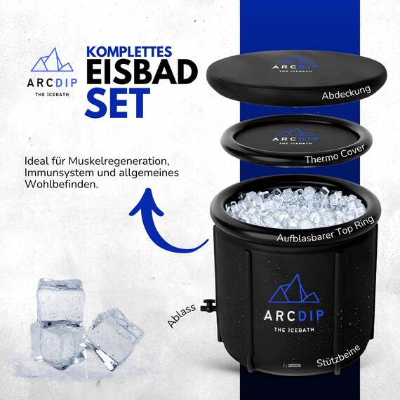 poolomio® Eisbad Premium Eistonne Ø 80cm für Zuhause und Outdoor | 350 L Eisfass Tonne für Eisbaden und Kältetherapie | Set mit Isolierabdeckung, Thermometer und Tragetasche