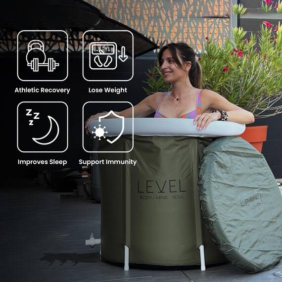 Level Body Mind Soul - Tragbares Eisbad mit inkludierter Abdeckung, grünes Camouflage - Eisbad für Sportler, Muskelregeneration nach dem Training - Aufblasbare tragbare Eisbadewanne 75x75 cm