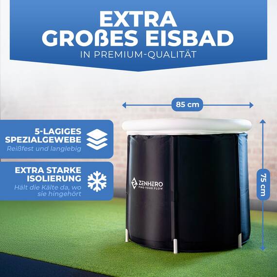 Zenhero Recovery Eisbad Bundle (85 cm Ø) – Höchster Komfort und viel Platz, größer als der Standard – Mit Thermometer – Kältetherapie für Zuhause – Eistonne mit 5 Isolierschichten