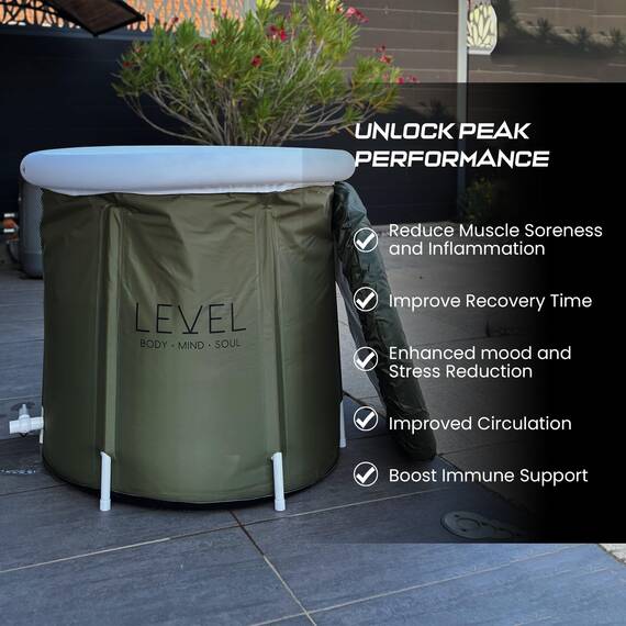 Level Body Mind Soul - Tragbares Eisbad mit inkludierter Abdeckung, grünes Camouflage - Eisbad für Sportler, Muskelregeneration nach dem Training - Aufblasbare tragbare Eisbadewanne 75x75 cm