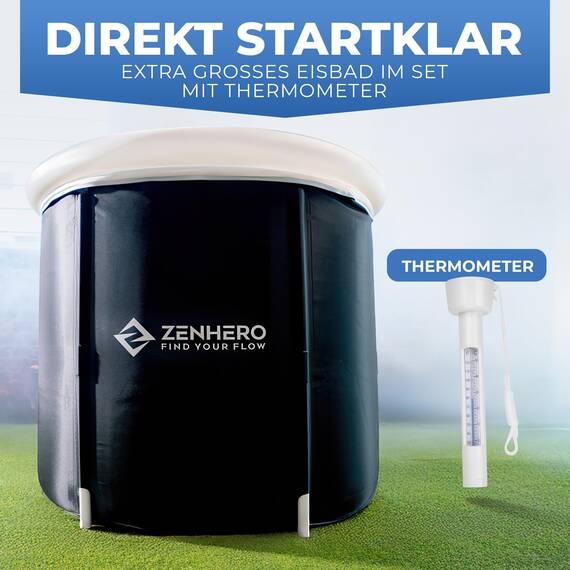 Zenhero Recovery Eisbad Bundle (85 cm Ø) – Höchster Komfort und viel Platz, größer als der Standard – Mit Thermometer – Kältetherapie für Zuhause – Eistonne mit 5 Isolierschichten