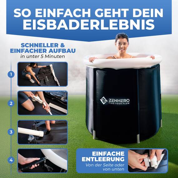 Zenhero Recovery Eisbad Bundle (85 cm Ø) – Höchster Komfort und viel Platz, größer als der Standard – Mit Thermometer – Kältetherapie für Zuhause – Eistonne mit 5 Isolierschichten