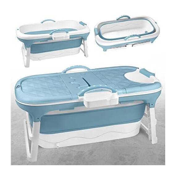 TRMLBE Badewanne Erwachsene Faltbare 148 x 62 x 52cm PP+TPE Badewanne Klappbar Tragbar Mobile Bathtub mit Abnehmbare Abdeckung und Griff - Blau