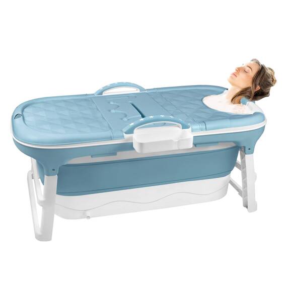 HENGMEI Faltbare Badewanne Erwachsene Mobile 112 x 62 x 52 cm Tragbare Badewanne Mit Abdeckung Massagerollen und Badewannenablage, BlauGrün