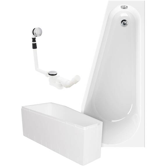 Calmwaters® Raumspar-Badewannen-Set 160x70 cm, Made in EU, mit Wannenträger & Ablaufgarnitur, Acrylwanne Essential Small, platzsparende Wanne, Set Badewanne komplett, 160 x 70 cm, Weiß