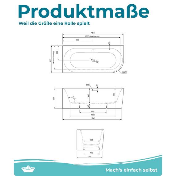 Calmwaters® Vorwand-Badewanne 180x80 cm Komplettset Seamless Comfort, fugenloses Design, vormontiert mit Schürze & Ablaufgarnitur, rechte Ausführung, Made in EU, Acryl, 02SL6222