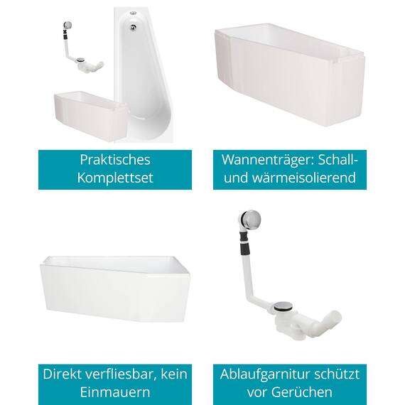 Calmwaters® Raumsparende Eckbadewanne 160x70 cm, Set mit Acrylwanne Essential Small, Wannenträger, Ab- und Überlaufgarnitur, platzsparende Badewanne rechter Ausführung, 160 x 70 cm, Weiß, 99000328