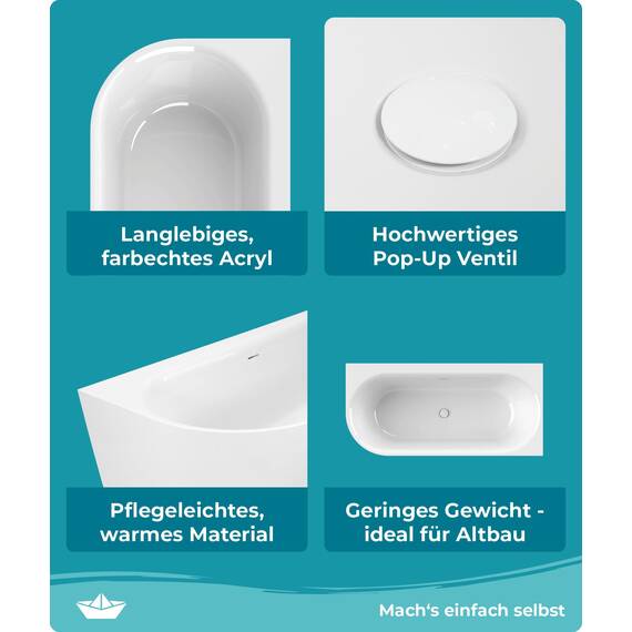 Calmwaters® Vorwand-Badewanne 160x75 cm Komplettset Seamless Comfort, fugenloses Design, vormontiert mit Schürze & Ablaufgarnitur, linke Ausführung, Made in EU, Acryl, 02SL6225