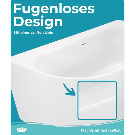 Calmwaters® Vorwand-Badewanne 160x75 cm Komplettset Seamless Comfort, fugenloses Design, vormontiert mit Schürze & Ablaufgarnitur, linke Ausführung, Made in EU, Acryl, 02SL6225