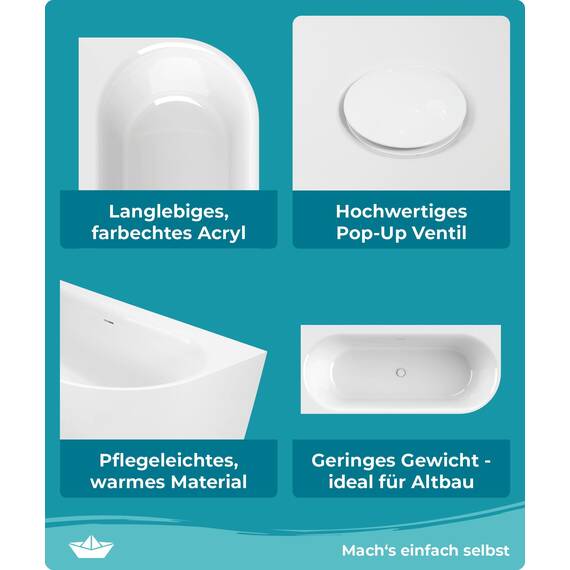 Calmwaters® Vorwand-Badewanne 180x80 cm Komplettset Seamless Comfort, fugenloses Design, vormontiert mit Schürze & Ablaufgarnitur, rechte Ausführung, Made in EU, Acryl, 02SL6222
