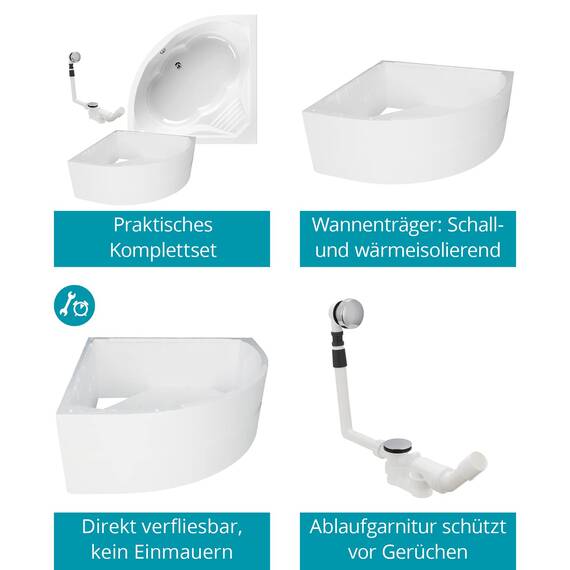 Calmwaters® Eckbadewanne Komplettset 150x150 cm mit Wannenträger, Acrylwanne Curved Wellness, Ab- & Überlaufgarnitur, Duowanne für 2, Sitzbadewanne, Set Sitz-Badewanne komplett, Weiß, 99000091